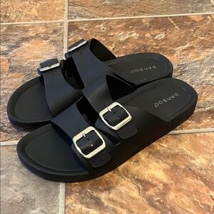 BAMBOO Black Slides with Silver Buckles